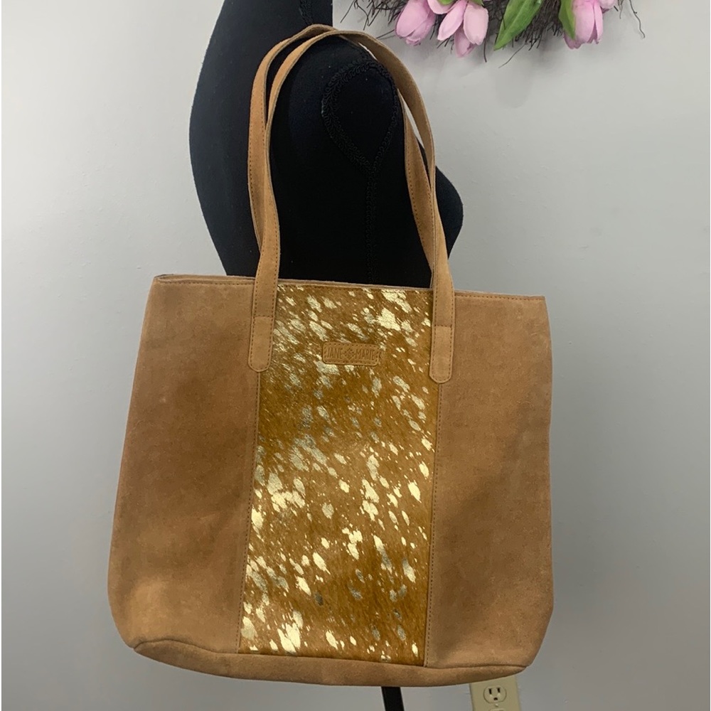 NWT Jane Marie BESSIE LARGE TOTE Gold Foil Hairon & Suede, 12" X 16" X 4.25"
